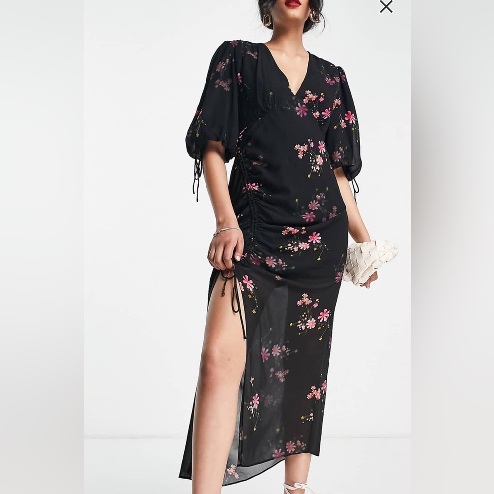 AllSaints Safiya ruched split midi dress in black floral